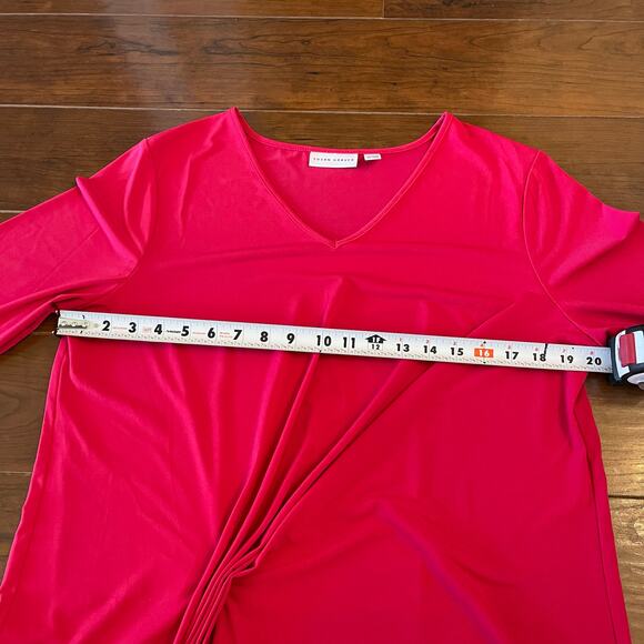 Susan Graver Liquid Knit VNeck Top W/ Draped Detail Hibiscus Large Tunic Blouse - Picture 7 of 10